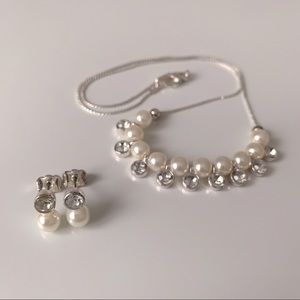 Pearl Crystal Gemstones Stud Earrings Princess Necklace Set Jewelry Accessories